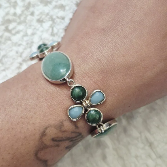 Sterling Silver Floral Jade & Larimar Stone Bracelet - Picture 5 of 10
